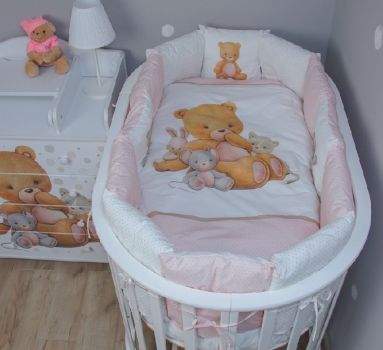 Комплект в кроватку Vikalex Мишкина Компания для овальной кроватки (6 предметов), Горох / Розовый