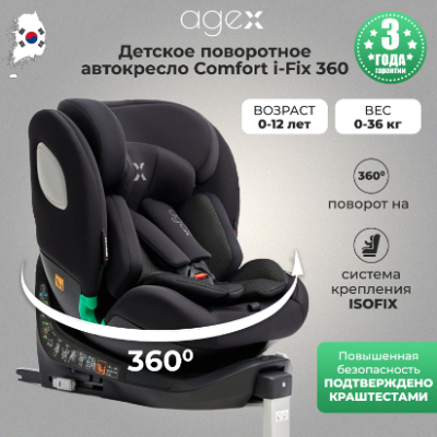 Автокресло Agex Comfort i-Fix 360 (0-36 кг), Black (Черный)